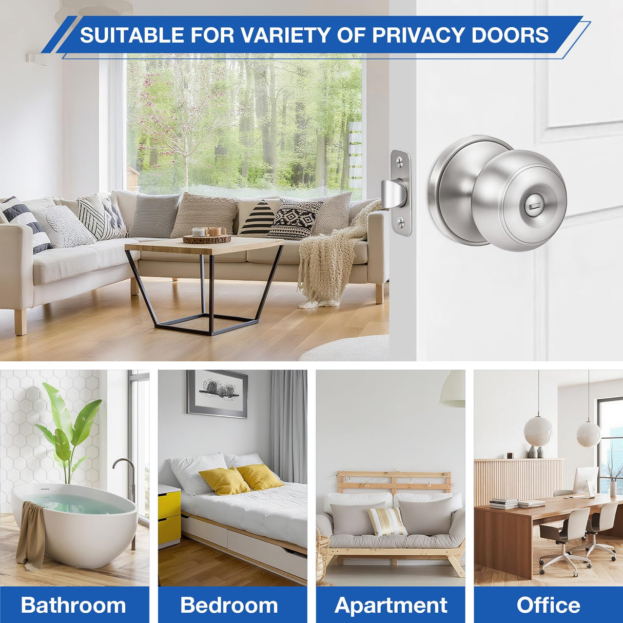 Plustool 10 Pack Brushed Nickel Door Knobs,Privacy Door Knob with Lock, Interior Doorknobs Silver, Keyless Door Locks Set for Bedrooms Bathrooms, Reversible for Left/Right Door Handle