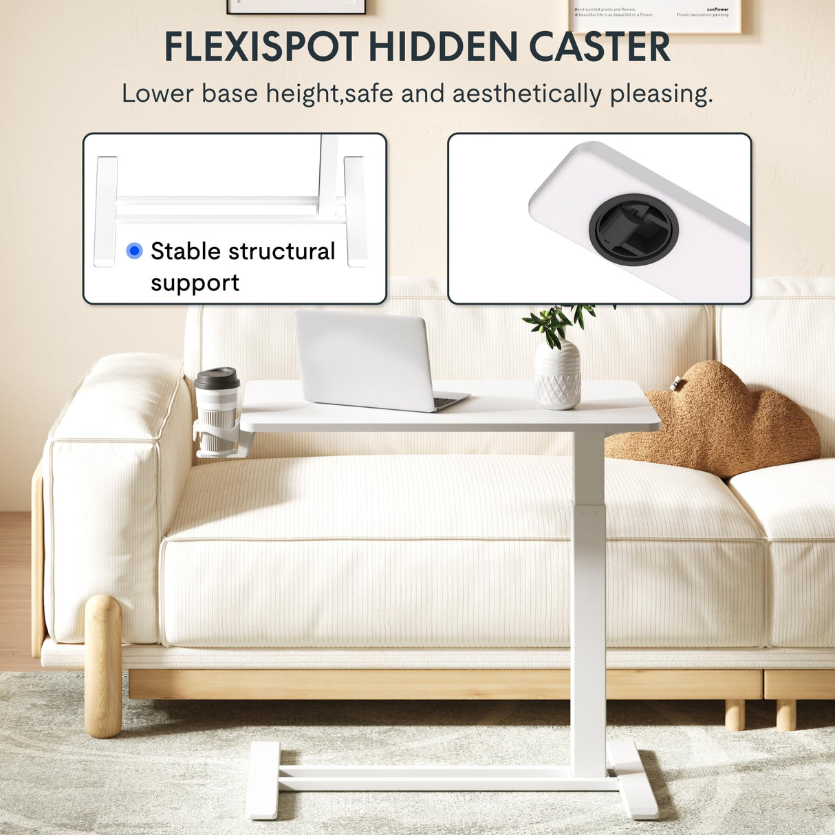 FLEXISPOT H7 Adjustable Overbed Bedside Table with Wheels Pneumatic Mobile Standing Laptop Desk Rolling Computer Cart Movable Overbed Table Hospital Home Use (31.5" W x 17.7" D, White Large)