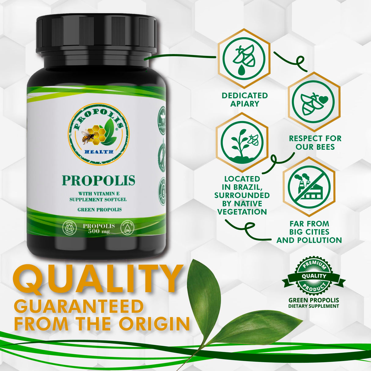Propolis Health Propolis Capsules 1000mg-Daily with Vitamin E Per dose - Pure Brazilian Green Propolis Extract - Immune Booster 50 Days Supply -100 Capsules