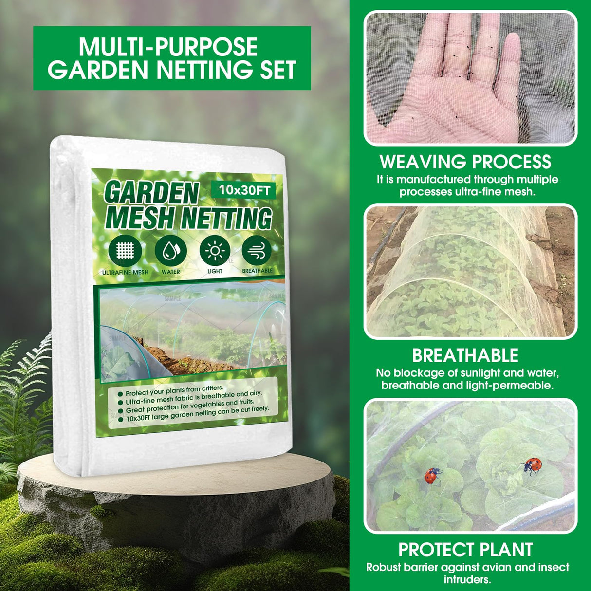 JCKHXG Garden Netting Kit, 10x30FT Ultra Fine Mesh Netting &6 Sets of 8FT Fiberglass Garden Hoops for Raised Beds, Vegetable Plants Fruits Flowers Birds Animals Barrier Protection Net