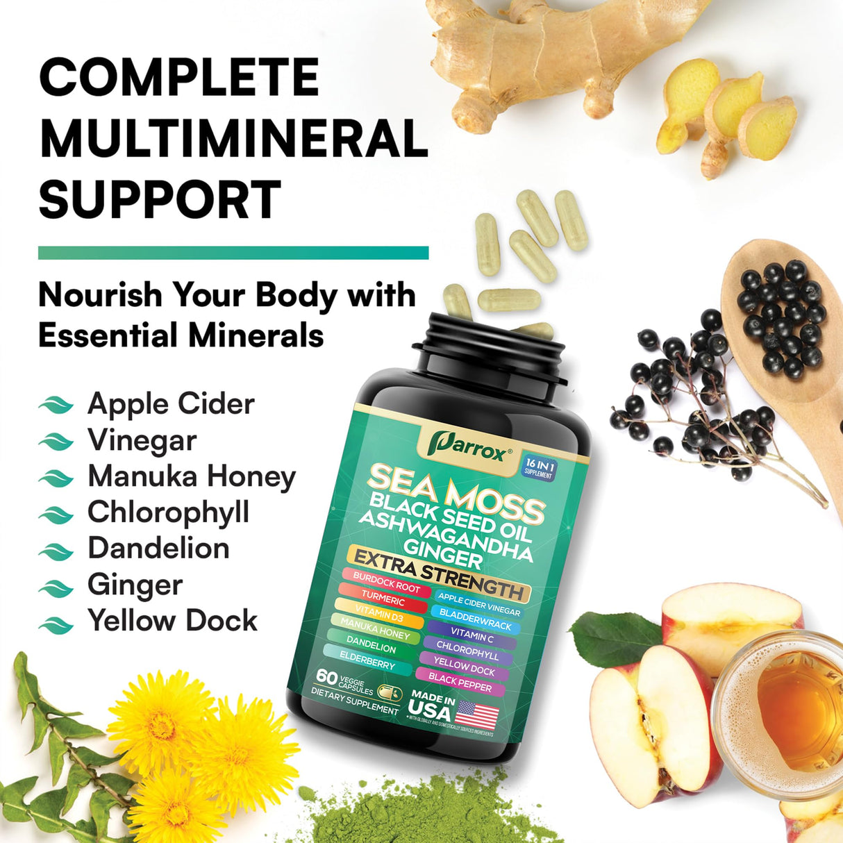 Parrox Sea Moss, Black Seed Oil, Ashwagandha, Turmeric, Chlorophyll, Dandelion, Ginger, Vitamin D3, Black Pepper, Elderberry, ACV, Yellow Dock, Burdock Root, Manuka, Vitamin C, Bladderwrack (60 Caps)