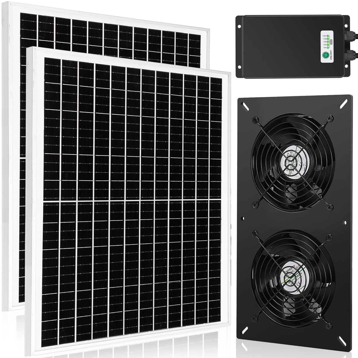 Fanspex Solar 2 Fan Kit with 66.6 Wh Battery Backup, 50W Solar Panel Powered Rechargeable Weatherproof Fans for Chicken Coop, Greenhouse & Shed