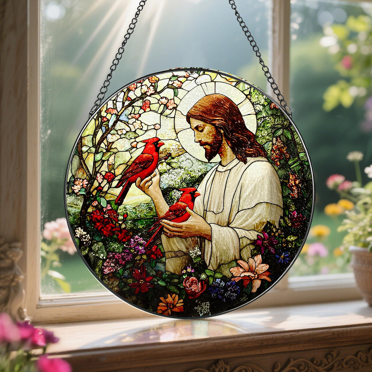 8-Inch Jesus with Cardinals Suncatcher Ornament, Stained Glass Window Hanging & Religious Christmas Ornament, Christian Window Decor ā Memorial Gift, Christian Gifts for Her, Religious Gifts