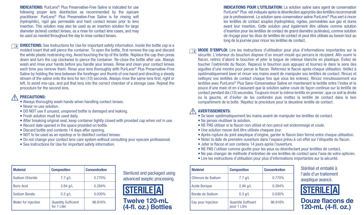 Purilens Plus Preservative-Free Contact Lens Saline 120ml (4 fl. oz.) 12 Pack
