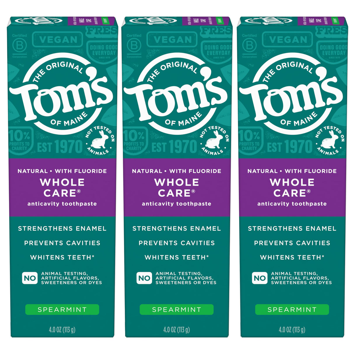 Tom's of Maine Whole Care Natural Toothpaste with Fluoride, Spearmint, 4 Ounce (Pack of 3), (Packaging May Vary)