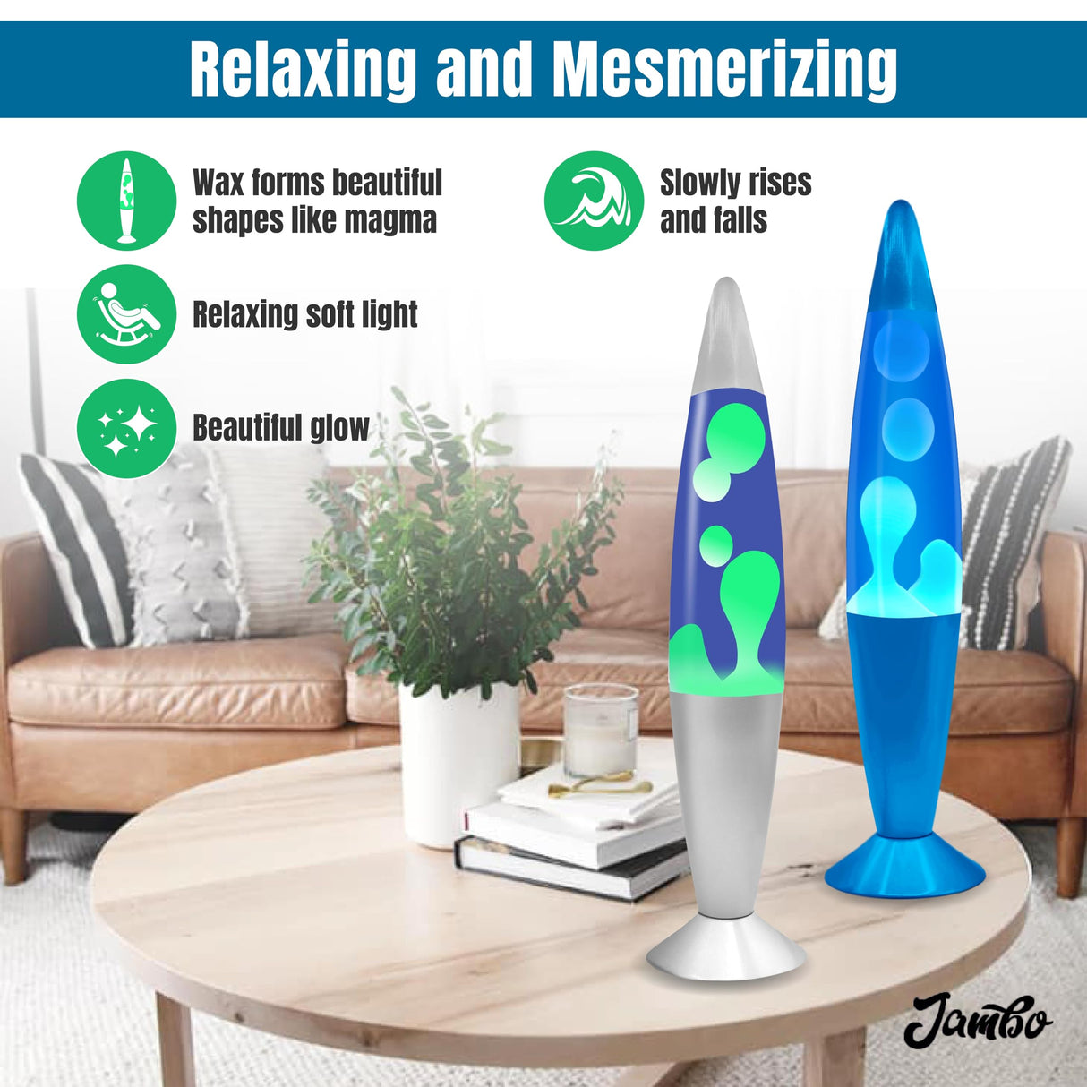 JAMBO 2 Pack- 16" Beautiful Lamp- Blue with Yellow/Green Wax and Purple with Pink Wax, Relaxing Liquid Lamp, Night Light Nightlight, Lamps for Adults Teens Kid