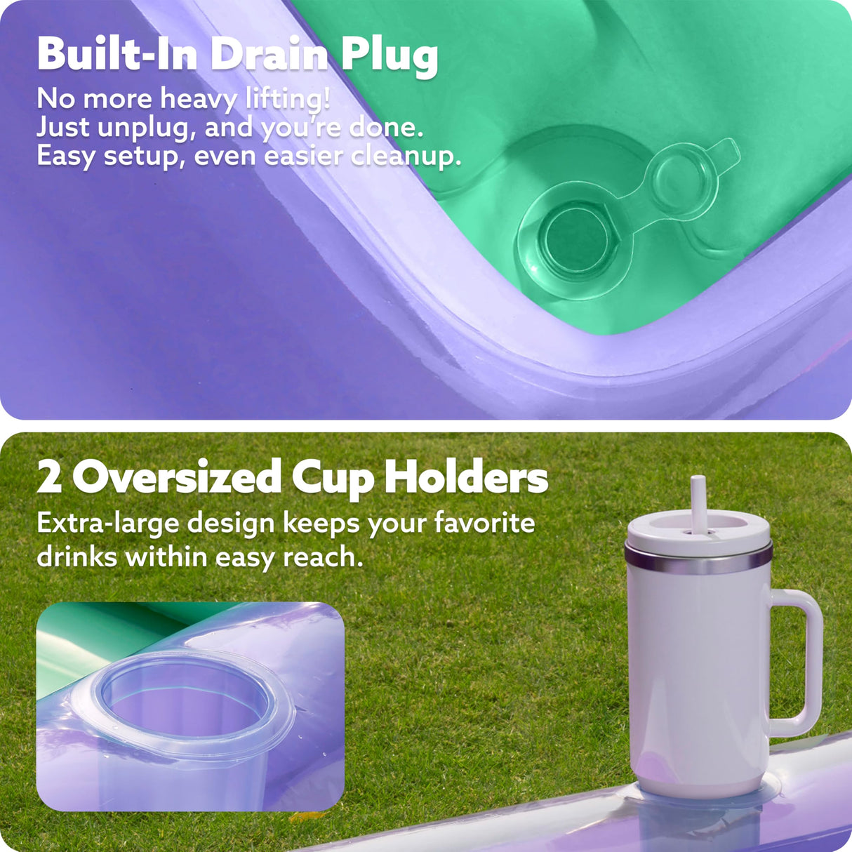 SLOOSH Inflatable Tanning Pool Lounger Float, 70" x 46" Pool Floats Adult with Pillow, 4 in 1 Suntan Tub Raft Floatie,Sunbathing Bed Lounge for Water Blow Up Kids Ball Pit Party Gifts, L-Purple Green