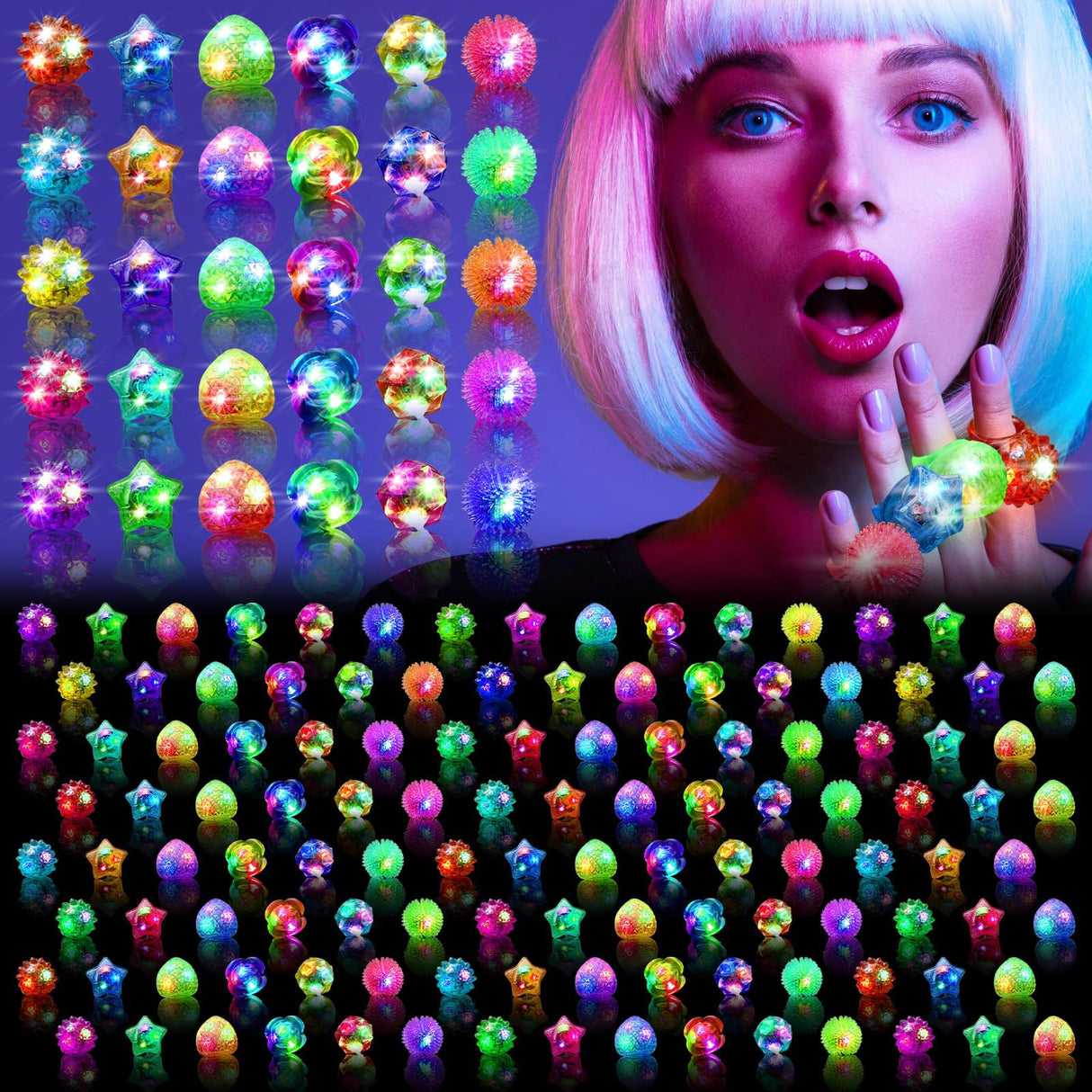OLUPP 150 Pcs Light Up Rings, Glow In The Dark Party Supplies, 6 Style Flashing Glow In The Dark Rings for Adults & Kids, LED Ring for Birthday Party Favors, Concert, Raves, Halloween, Christmas