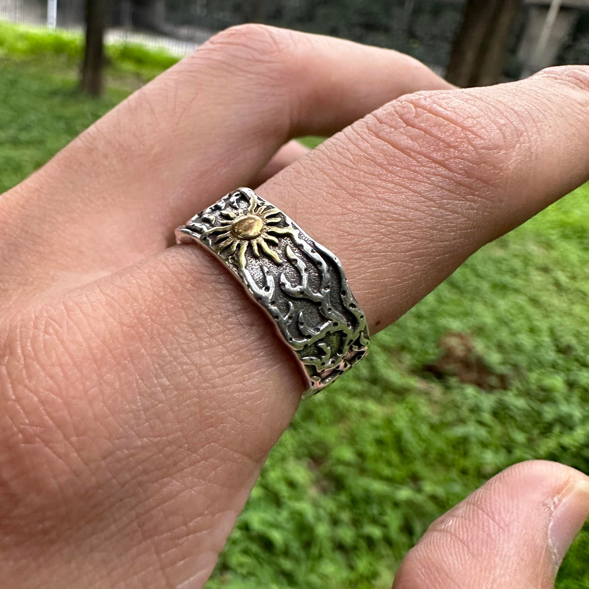 JWM Vintage Adjustable Open Ring Silver Plated Brass Sun Ring