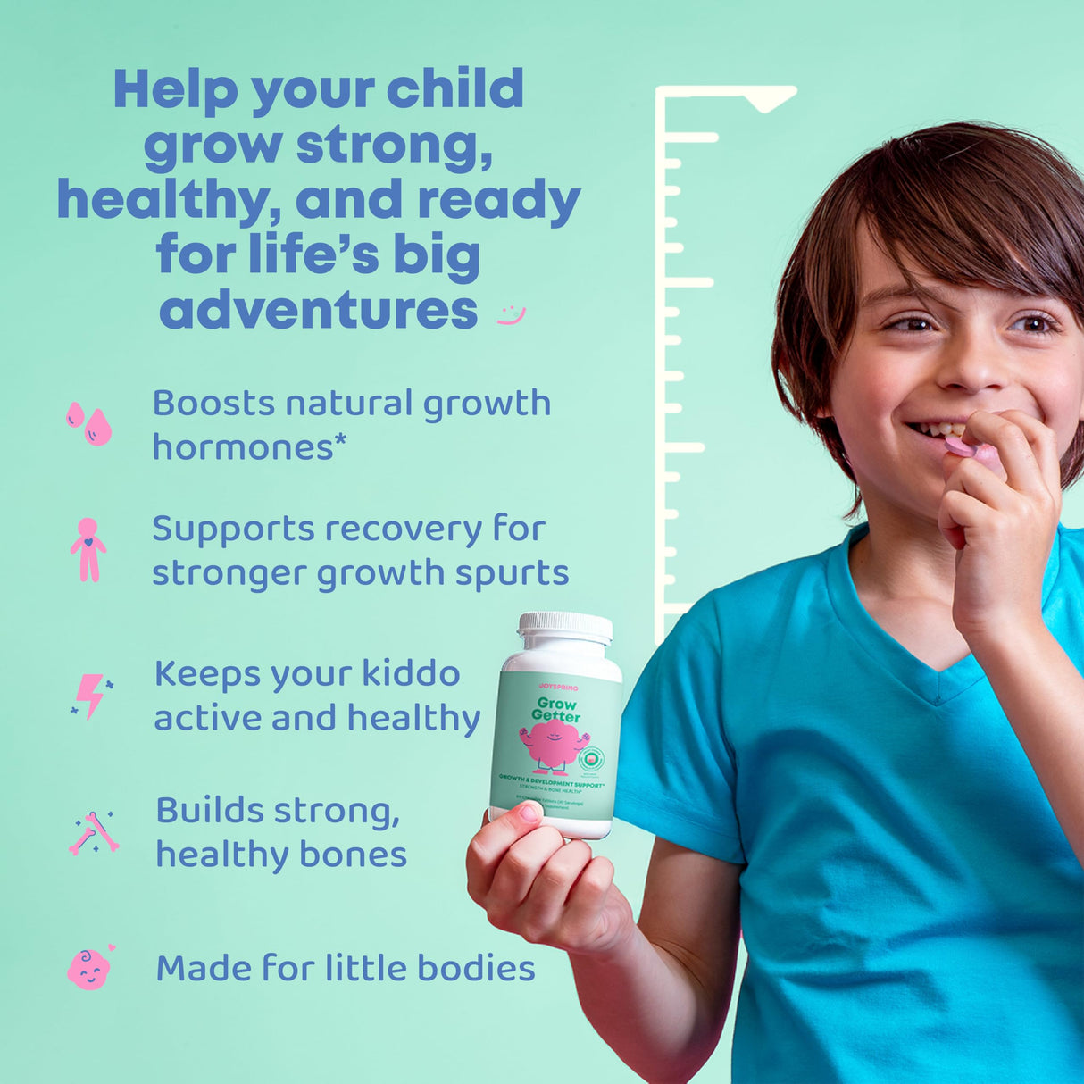 JoySpring Growth Vitamins for Teens & Height Support for Kids - Encourages Stronger Bones & Healthy Natural Growth - Sugar Free - L-Arginine, L-Lysine, Zinc, Vitamin D & K2-30 Servings