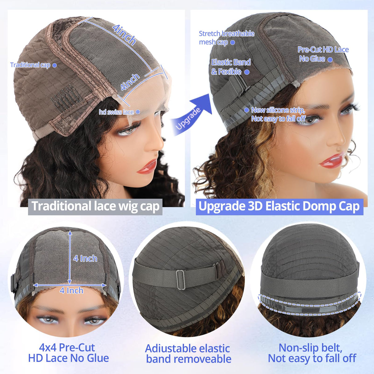 Eyefanniy Glueless Wigs Human Hair pre plucked Pre Cut Blonde Highlights Short Curly Bob Lace Front Wigs for Black Women 4x4 Lace Closure Wig with Elastic Band for Beginners 10 Inch