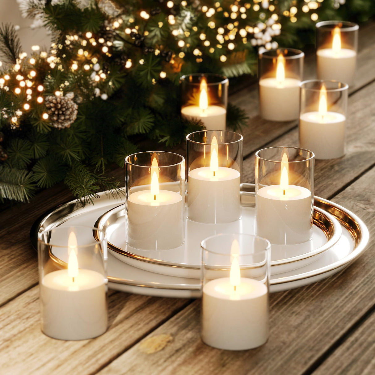 VIODAIM 6Pack Flickering Flameless LED Candles with Timer, Battery Powered - Small Pillar & Votive, Green (2"X3")