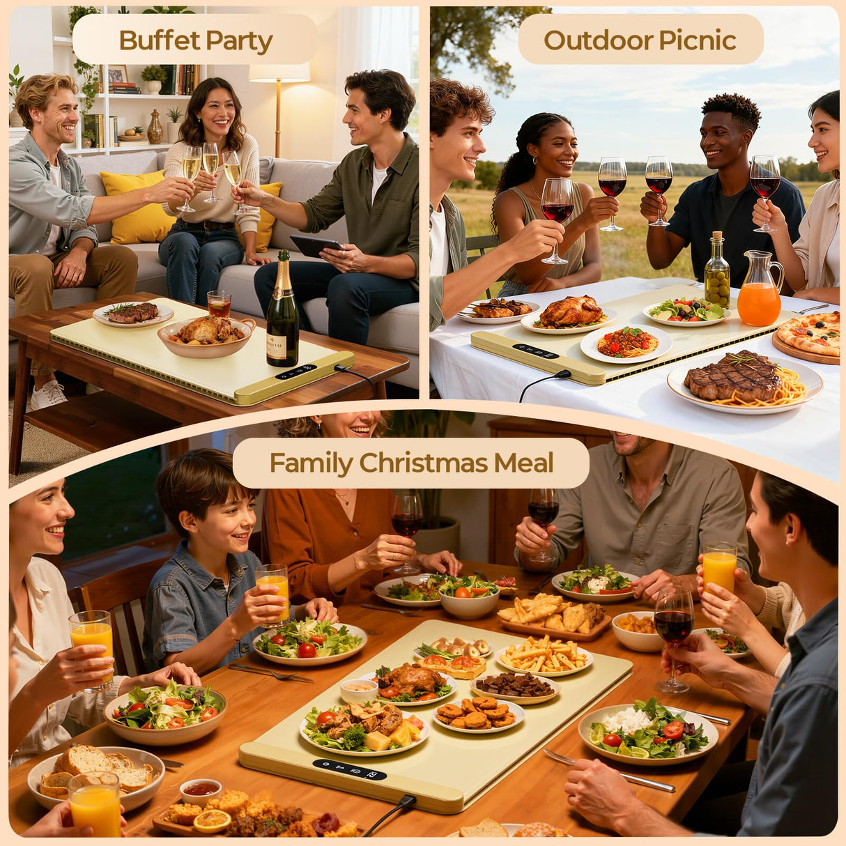 Food Warming Mat with Protective Table Mat, Graphene Fast Full-Surface Heating Mat, Electric Warming Tray with 6 Temperature and 6HoursTimer, Portable Rollable Food Warmer Perfect For Parties Buffet