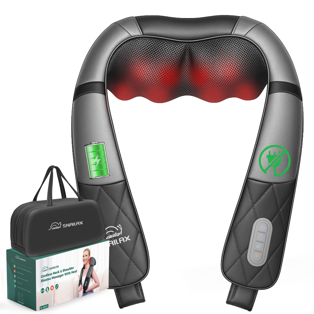 Snailax Rechargeable Neck Massager with Heat, Shiatsu Back and Neck Massager, Cordless Portable Deep Kneading Shoulder Massage Pillow, Gifts for Dad Mom