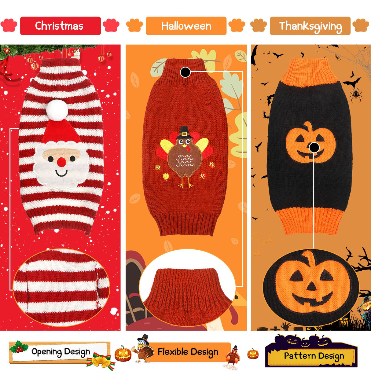 Sanwuta 3 Pieces Halloween Thanksgiving Christmas Dog Sweaters Sets Pumpkin Turkey Santa Puppy Dog Clothes Pet Knitwear for Puppy Doggie Cat Pet Costume (Medium)