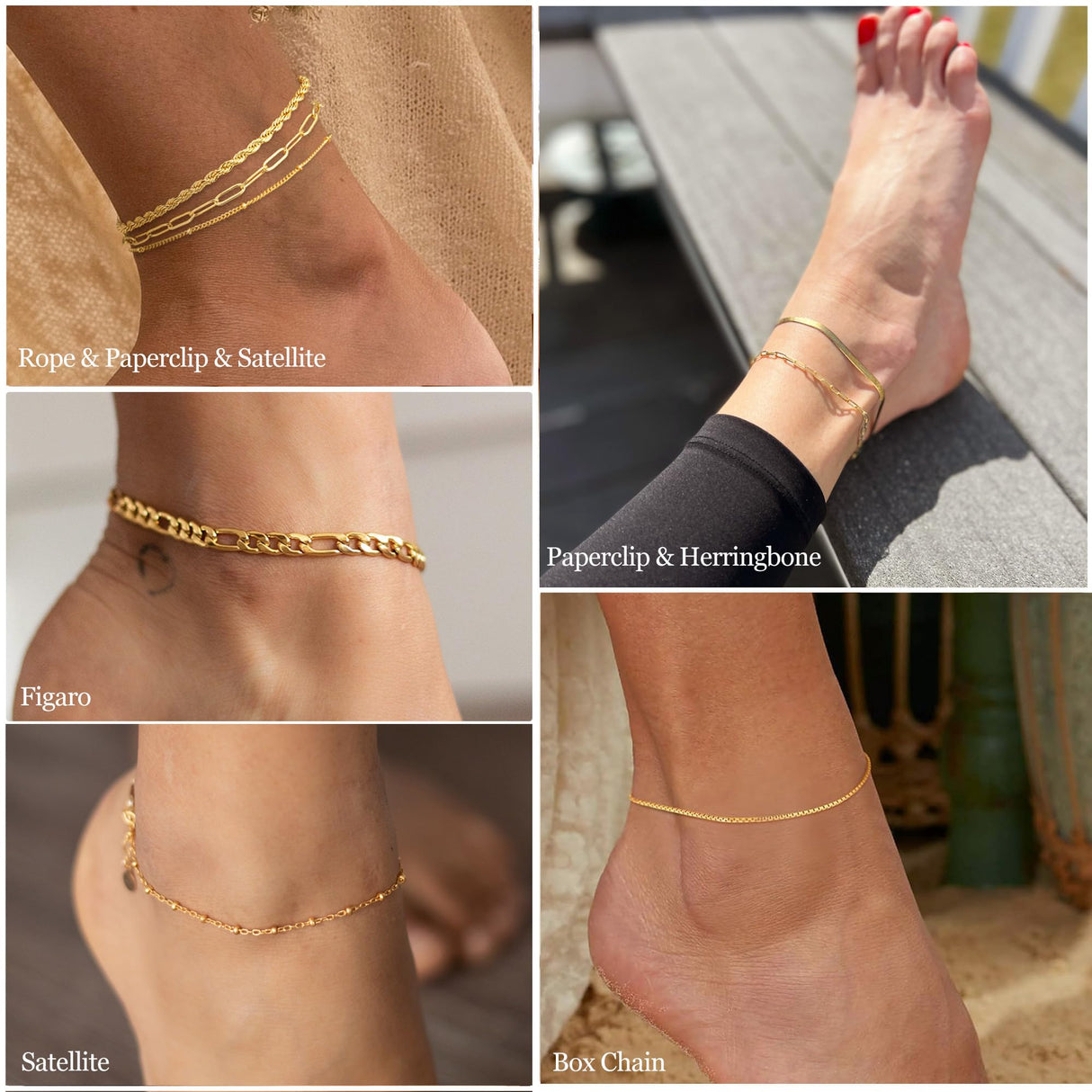 DEARMAY 14K Gold Plated Anklets for Women, Waterproof Ankle Bracelets Trendy Layered Cuban Link Chain Herringbone Cute Summer Beach Jewelry Fashion Gift