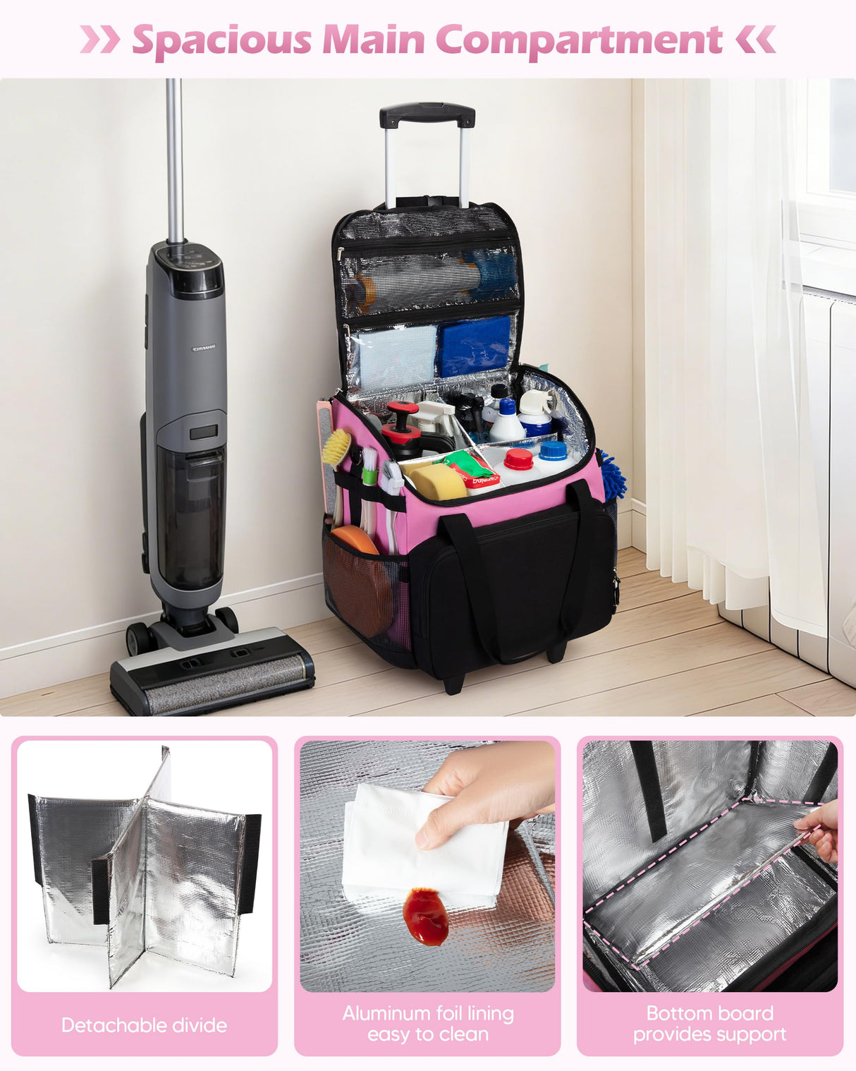 Marscamd Large Rolling Cleaning Caddy Bag with Detachable Trolley, Cleaning Supplies Organizer with Wheels for Housekeepers, Pink
