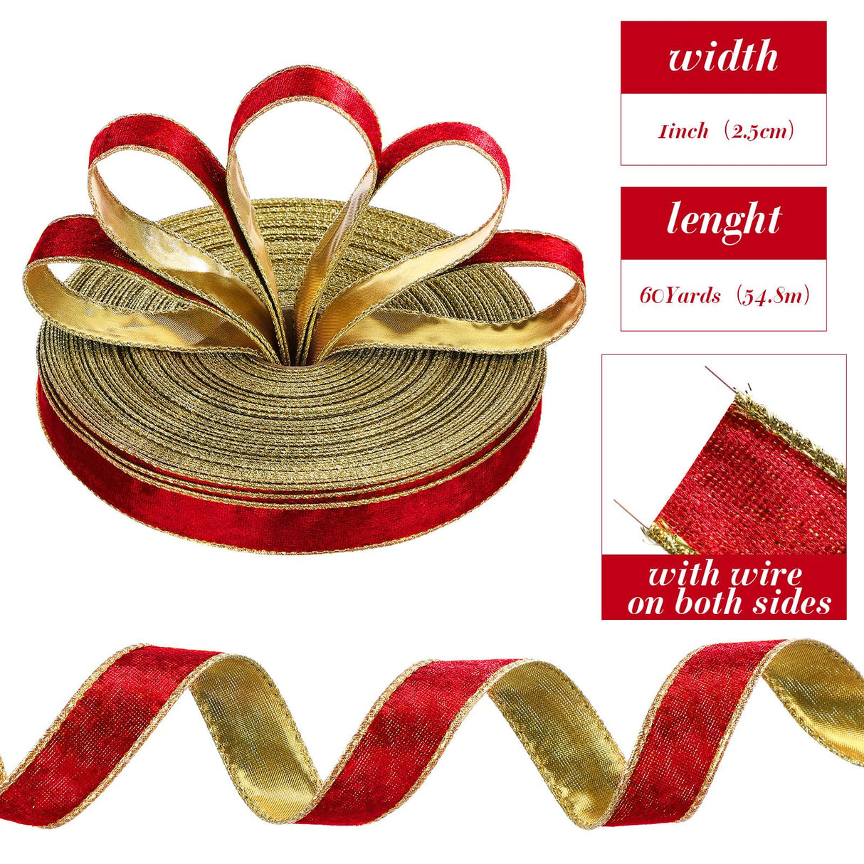 Yungyan Velvet Ribbons with Gold Edge Felt Ribbon Gift Bow Wrapping Ribbon Waterproof for Handmade, Home Decor, Gift Wrapping, Wreath DIY Crafts, Christmas Tree(Red Gold,1 Inch X 60 Yards)