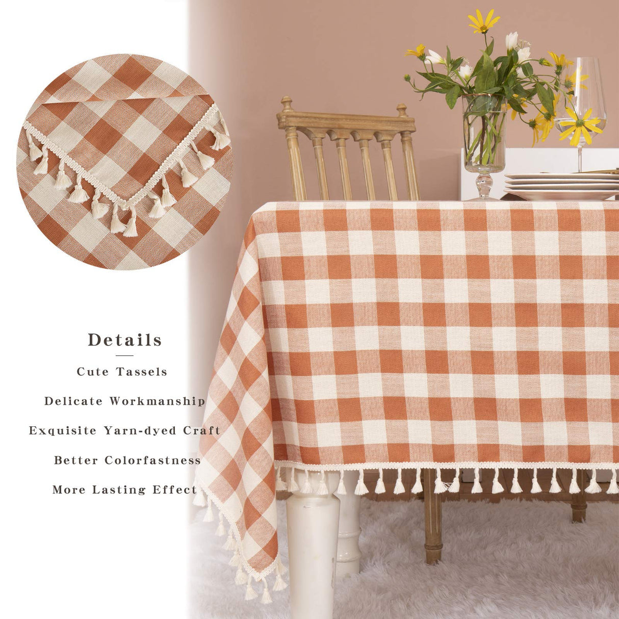 Midsummer Breeze Rustic Gingham Tablecloth, Cotton Buffalo Plaid Table Cloth for Fall Thanksgiving Christmas Kitchen Restaurant Holiday Outdoor Picnic Decoration(Rectangle/Oblong, 55x84,Orange