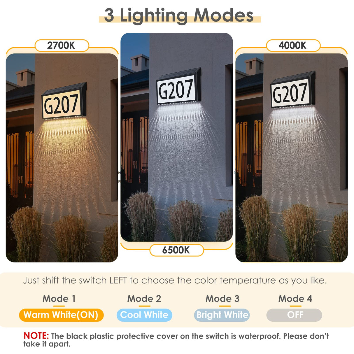 MAXvolador Solar Powered Address Sign House Numbers Waterproof, 3-Color Lighting Modes LED Illuminated Address Plaque with Stakes, Outdoor Address Number