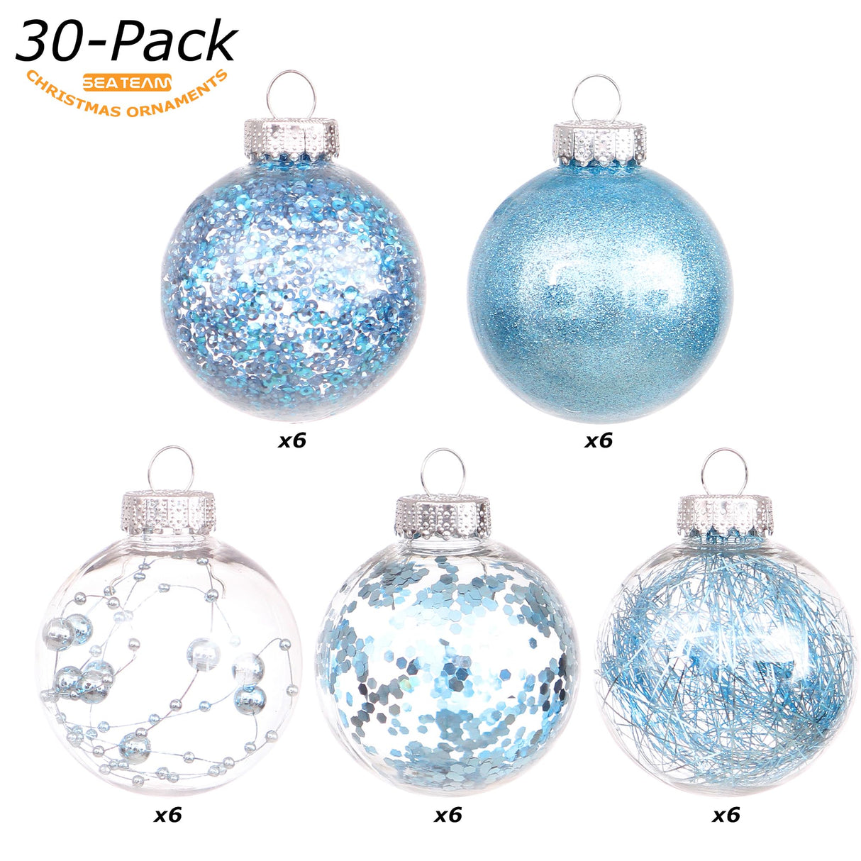 Sea Team Shatterproof Clear Plastic Christmas Ball Ornaments Decorative Xmas Balls Baubles Set with Stuffed Delicate Decorations (60mm/2.36 inch 30-Pack, Babyblue)