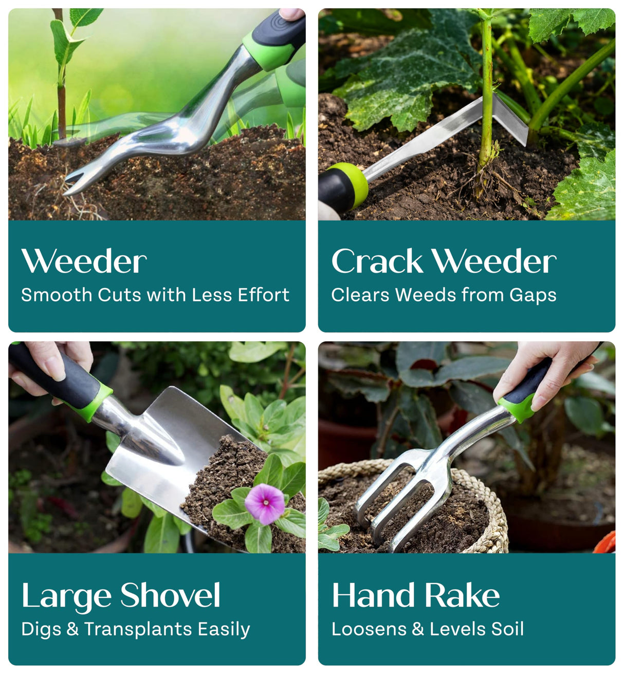 Heavy Duty Gardening Tools - Gardening Gifts for Women, Men, Mom, Dad - Durable, Ergonomic Garden Tools Set (Green)