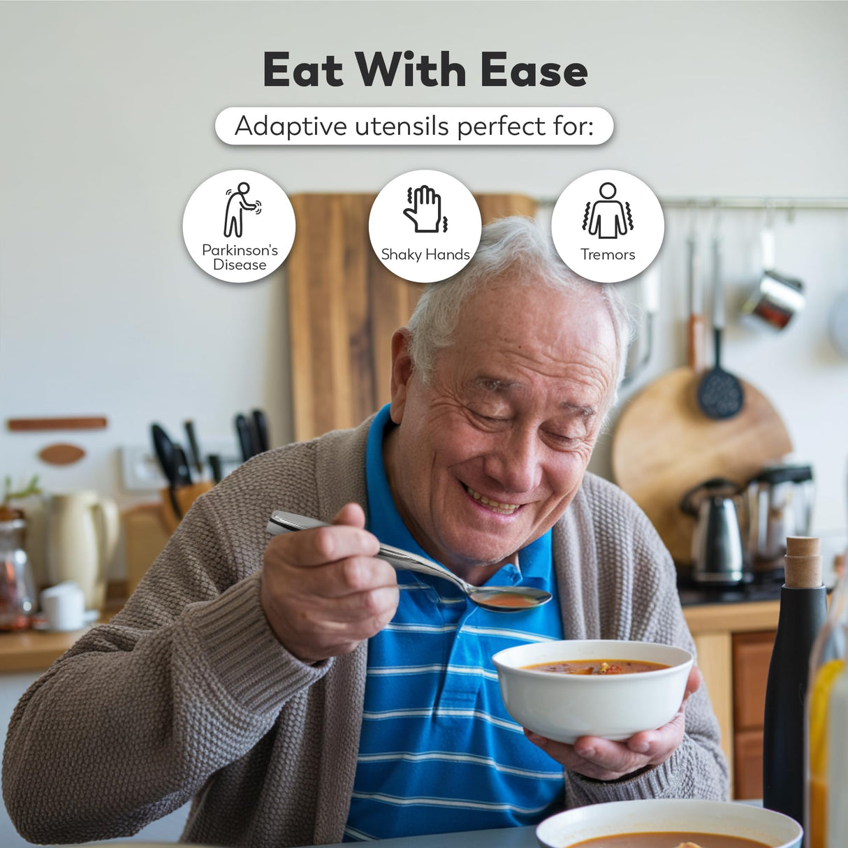 BUNMO Utensils for Elderly, Arthritis, Weak Hand Grip & Handicapped - Convenient Travel Pouch - for Tremors and Parkinsons Patients - Stainless Steel - Eat Independently - Weighted 4 Piece Set