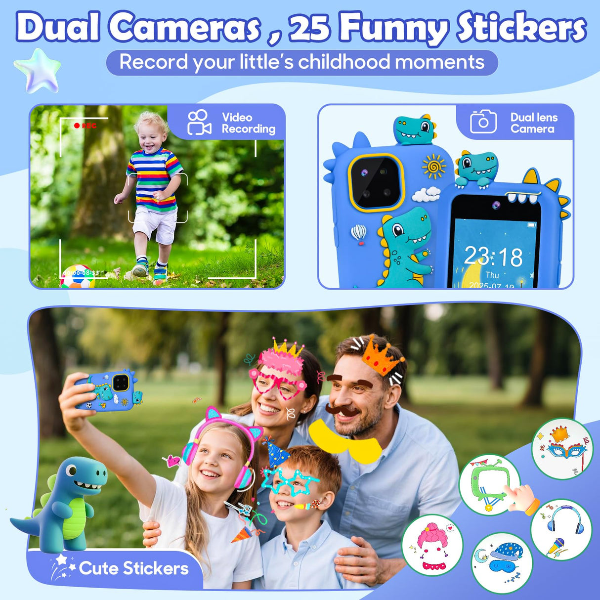 Jusvenmt Kids Phone for Boys, Dinosaur Toy Phone Christmas Birthday Gifts for Boy Ages 3-10, Toddler Learning Phones with Touchscreen, 44 Game, Dual Camera, Music Player, 32GB Card & Dino Bag (Blue)