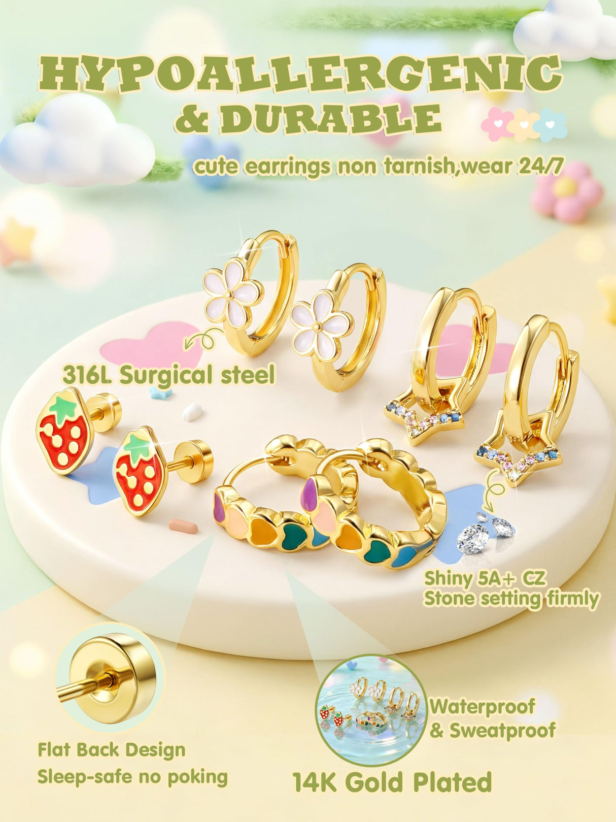 YADOCA Hypoallergenic Flat Back Earrings for Girls Women Surgical Steel