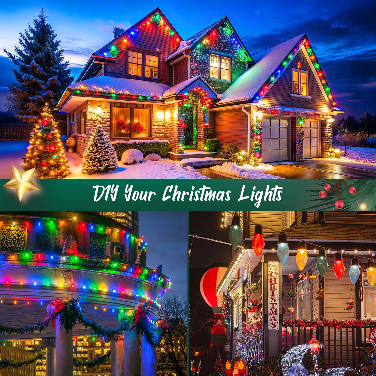 Brightown C9 Light Strand, 100 FT Outdoor String Lights Christmas Stringer with 100 Sockets for Christmas Decor Patio, E17 Light Socket, 12 Spacing, Green Wire