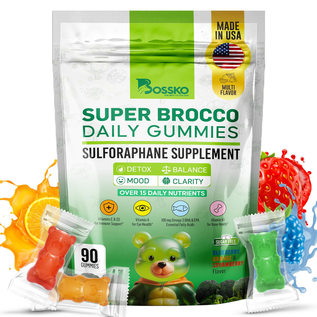 Bossko Sulforaphane Gummies with Omega-3 β Broccoli Sprout Extract, EPA/DHA & Antioxidants β Cellular Health & Mood Support β 90 Vegan Gummies β Mixed Berry Flavors β Sugar-Free