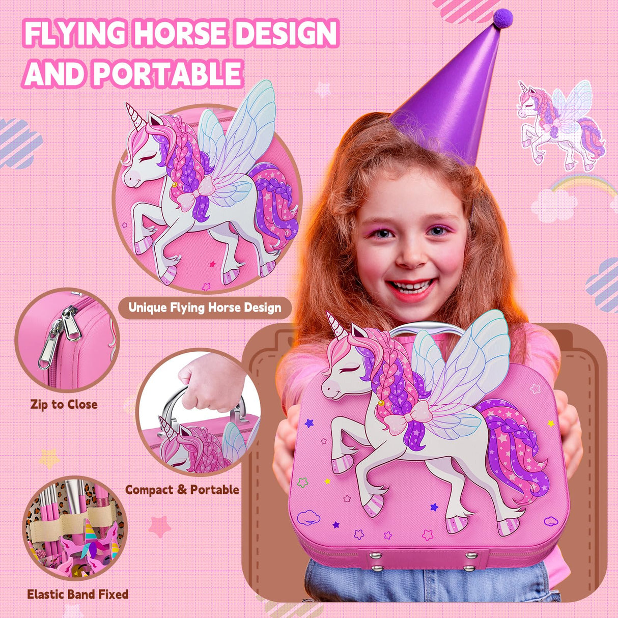 Kids Makeup Kit for Girl - Girls Makeup Kit Toys with Flying Horse Storage Case, Kids Play Makeup Set for Christmas Birthday Gift 3 4 5 6 8 10 11 12+ Years Old