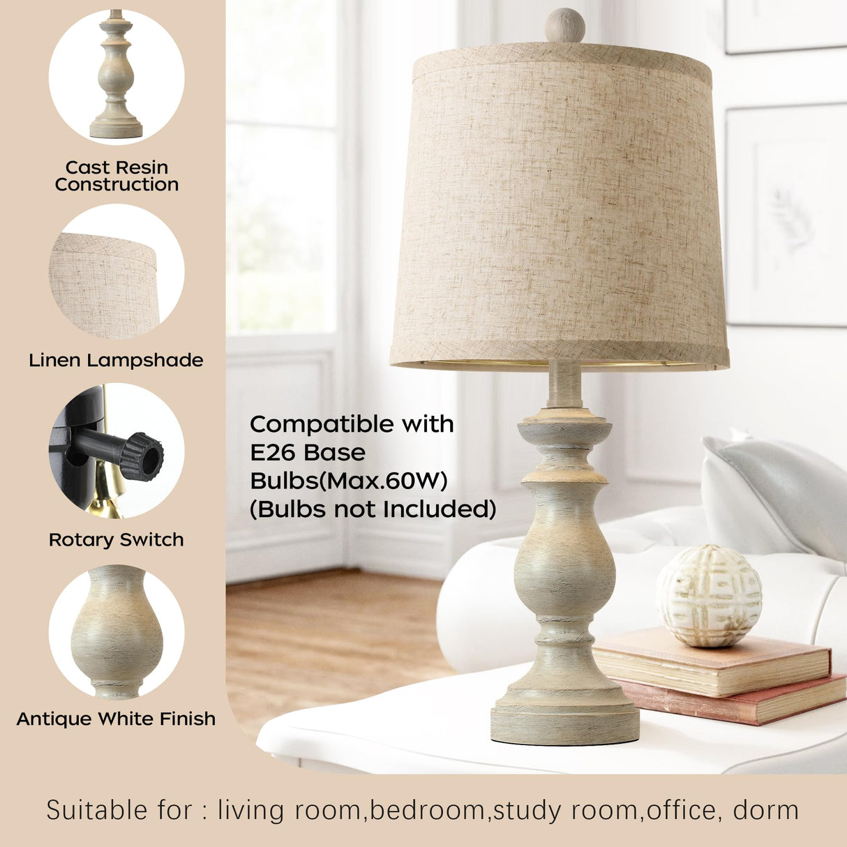 PARTPHONER Traditional Table Lamp Set of 2, Rustic Farmhouse Table Lamps for Living Room Bedroom, 22" Bedside Desk Lamps Vintage Nightstand Lamps with Linen Shades, Antique White
