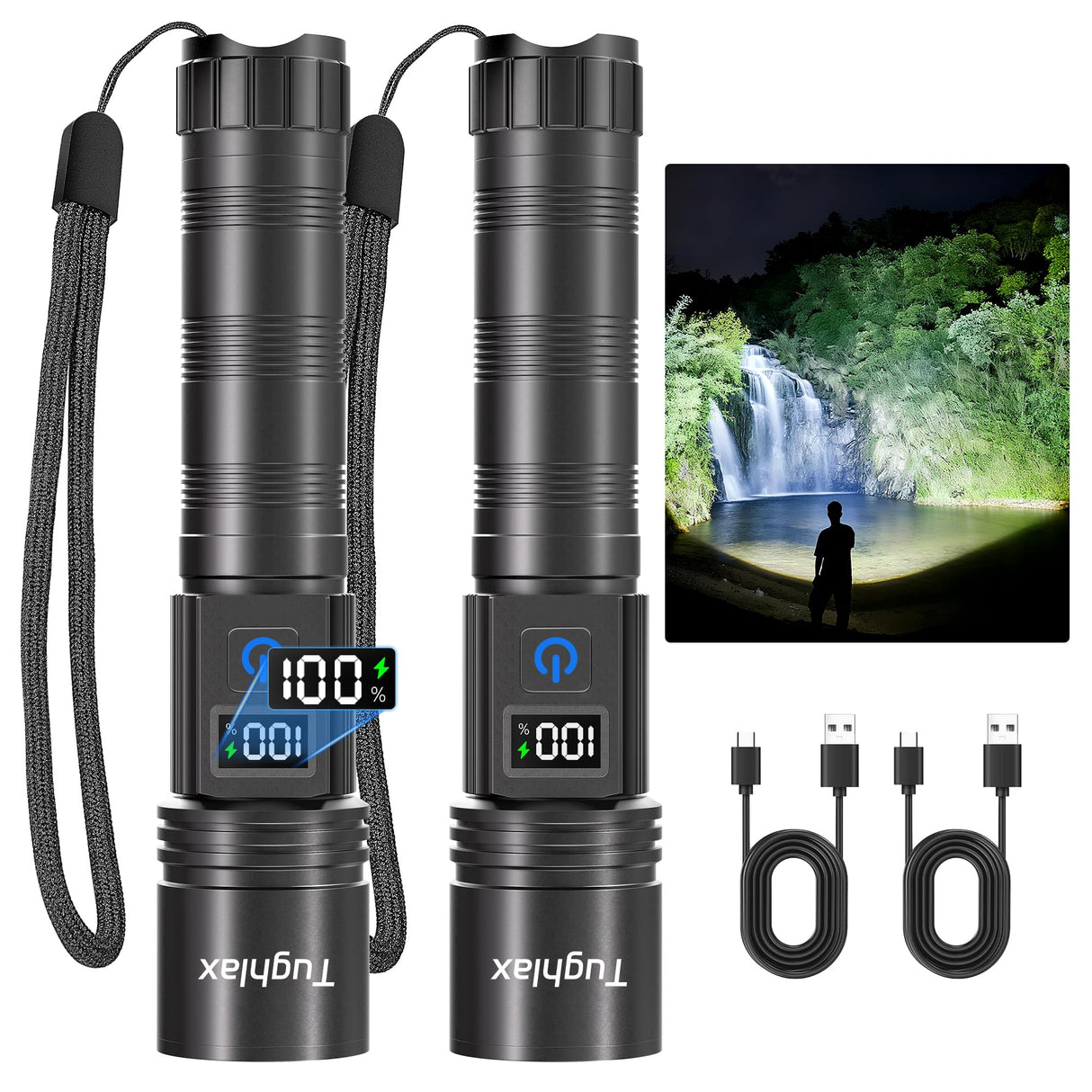 Tughlax LED Rechargeable Flashlights 9900 High Lumens 2Pack, Super Bright Flashlight, Zoomable Powerful Camping Flashlights with LCD Digital Display, 5 Modes Waterproof Flash Light for Home
