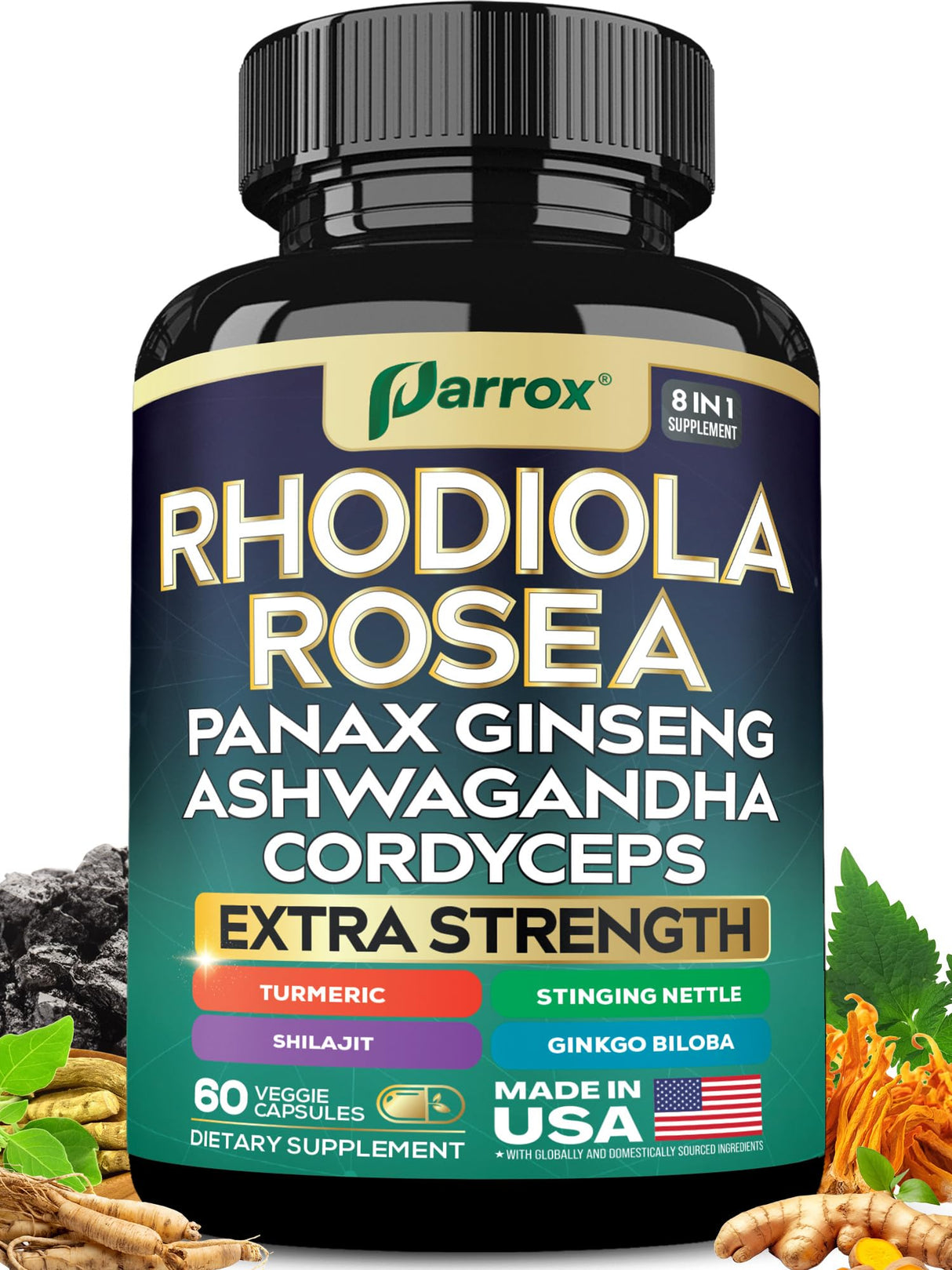 Parrox Rhodiola Rosea Panax Ginseng Ashwagandha Cordyceps Mushroom Turmeric Ginkgo Biloba Stinging Nettle Adaptogen Blend Supplement Capsules for Daily Wellness Support – 60 Capsules