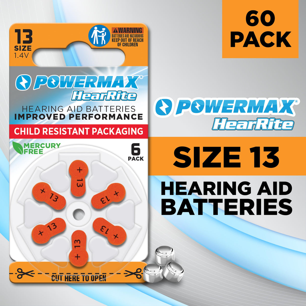 Powermax Size 13 Hearing Aid Batteries, 60 Count Long-Lasting Battery Pack, Orange Long Tab for Easy Change