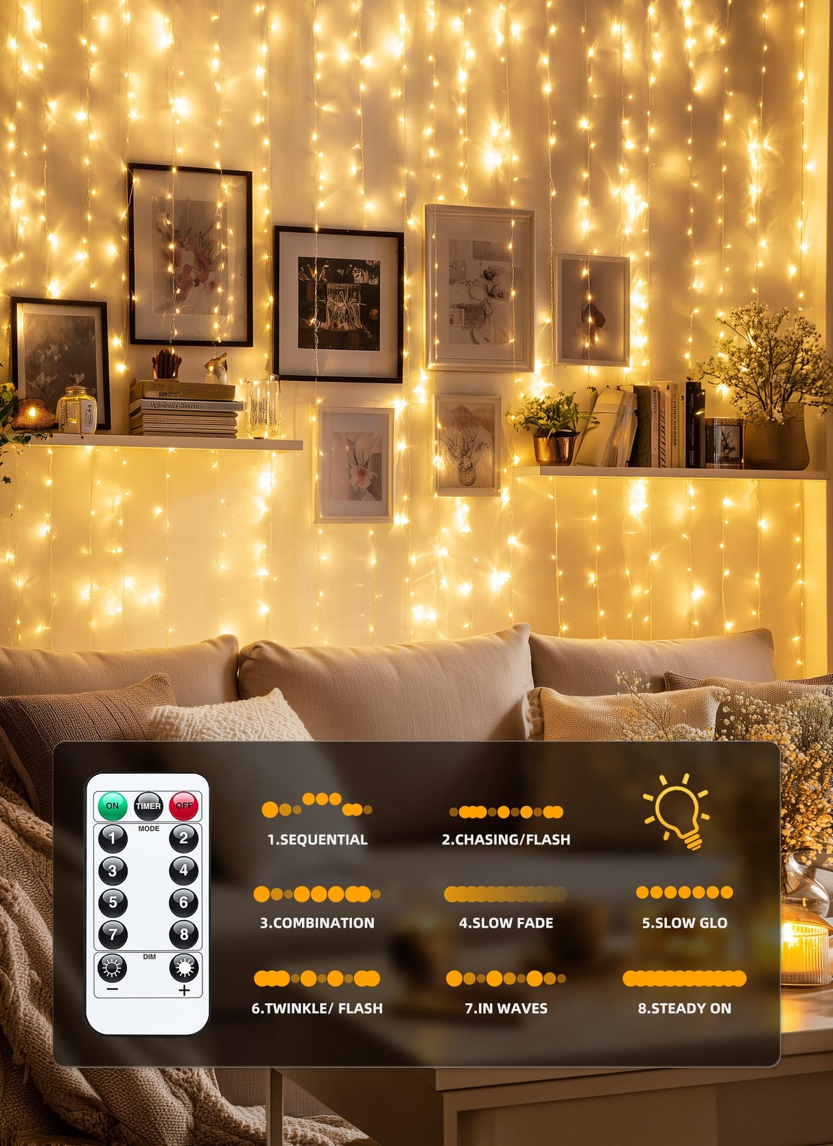 Brightown 2 Pack 300 LED Fairy Curtain Lights, 9.8ft x 9.8ft Warm White Curtain String Lights, USB Plug in 8 Lighting Modes LED Christmas String Hanging Lights with Remote for Bedroom Indoor Outdoor