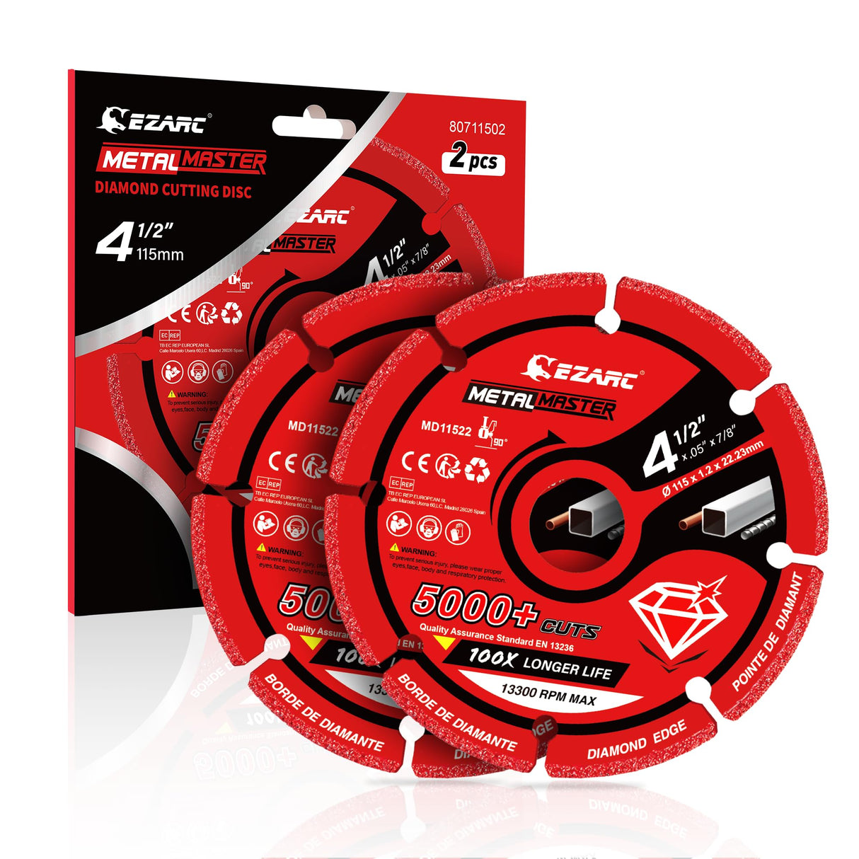 EZARC Diamond Cutting Wheel 4 1/2 x 7/8 Inch for Metal, Cut Off Wheel with 5000+ Cuts on Rebar, Steel, Iron and INOX, 2 Pack
