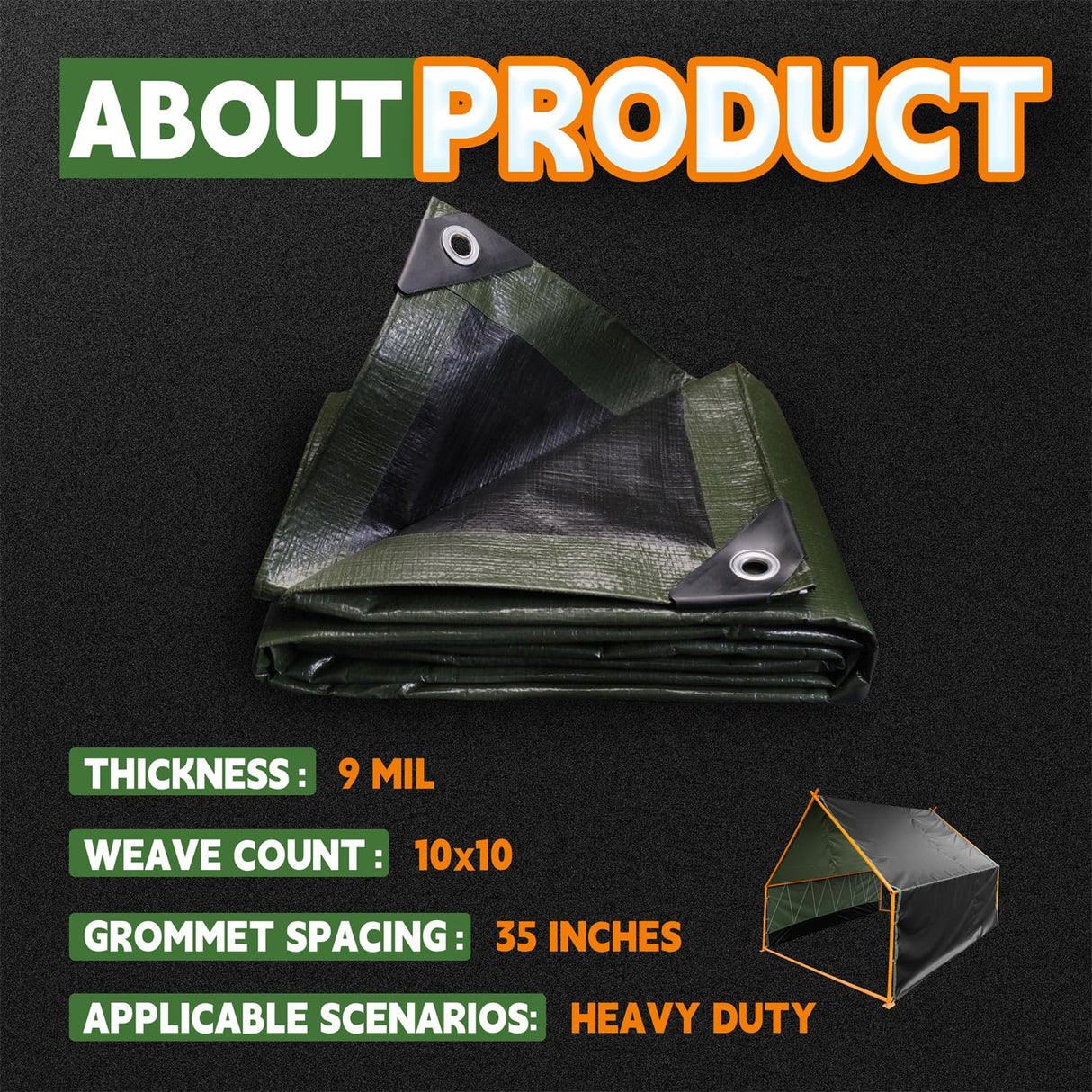 RAINDEWAY Tarps 30x50 Feet,Large Tarp Waterproof,9Mil Thick Finished Size, Multipurpose Poly Tarp Cover with Metal Grommets and Reinforced Edges,Green/Black Tarpaulin