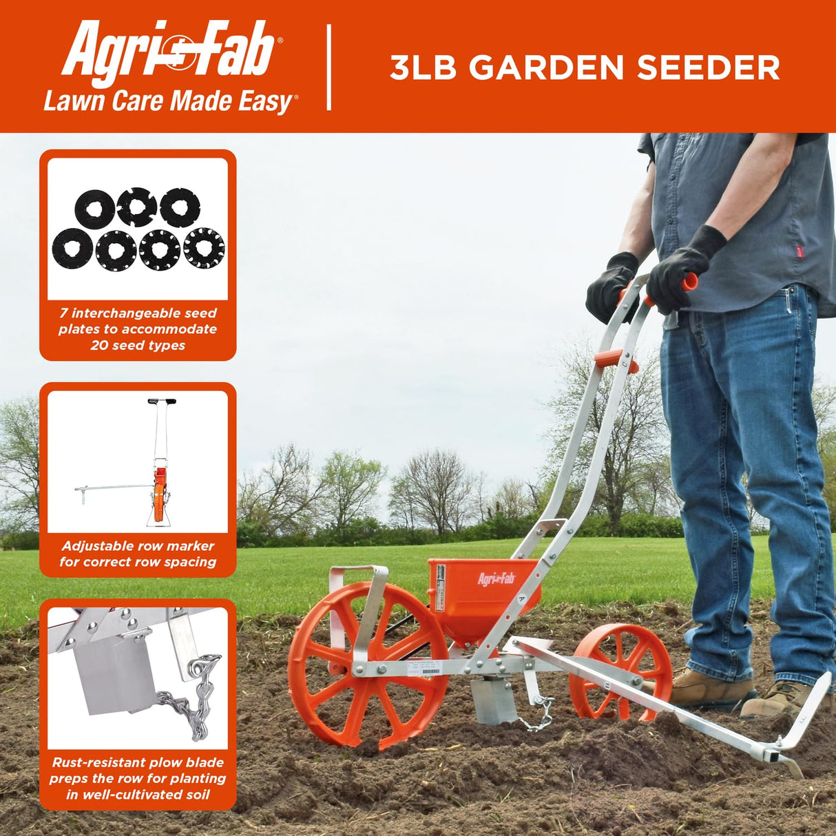 Agri-Fab Push Garden Seeder Planter with 7 Interchangeable Seed Plates, 3 lb Capacity Hopper and Adjustable Row Marker, Orange