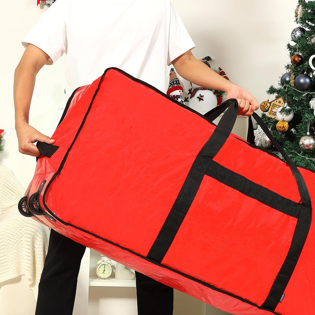 HOMEST Christmas Tree Storage Bag, Fits for 6/7.5 ft Xmas Artificials, Zippered Box with Reinforced Carrying Handles and Wheels, Red (Bag Only)