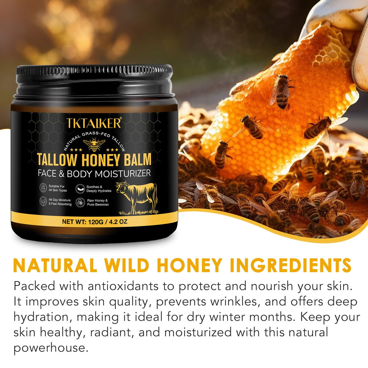 Beef Tallow for Skin, Beef Tallow for Face, Hydrating Tallow Balm with Raw Honey and Beeswax, Grass-Fed Beef Tallow & Raw Wild Honey Blend, Body & Face Moisturizer, Natural Formula, Light Scent