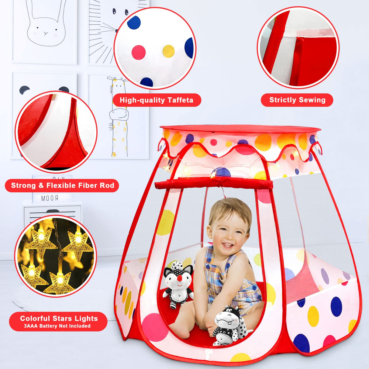 PopUp Princess Tent, Toddler Girl Toys Baby Ball Pit with LED Star Lights, Foldable Kid Play Tent with Carrying Bag, Indoor Outdoor 1 2 3 Year Old Girls Toy Gift for Birthday/ Christmas, Red