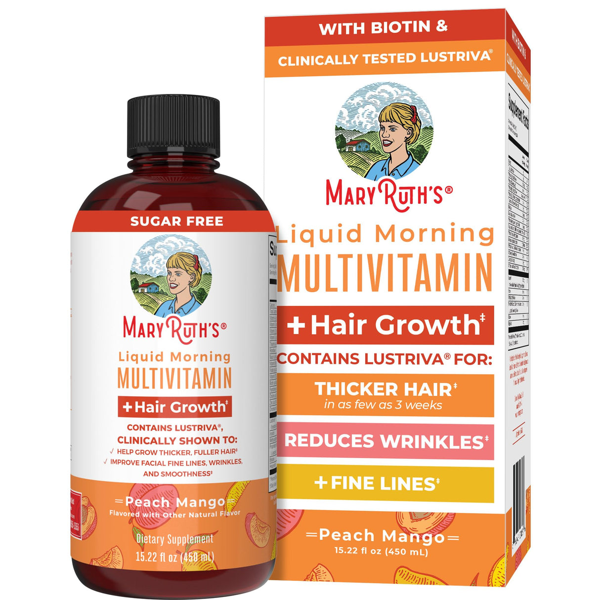 MaryRuth Organics Liquid Multivitamin + Hair Growth | Biotin 10000mcg | Lustriva Hair Growth Supplement | Clinically Tested in Women for Thicker Hair & Facial Wrinkle | Skin Care | 18+ | 15.22 Fl Oz