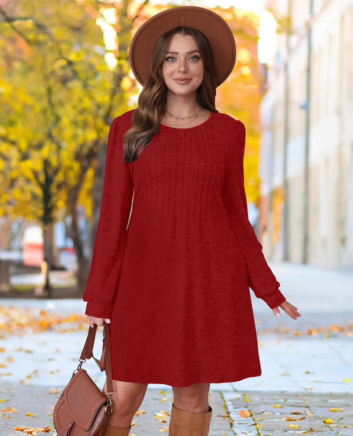 OFEEFAN Christmas Dresses for Women Sweater Dresses for Women 2025 Casual Long Sleeve Dress Pleated Fall Winter Dresses with Pockets Red L