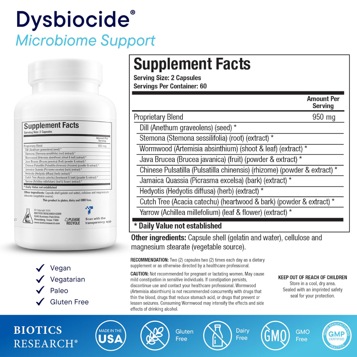 Biotics Research Dysbiocide Synergistic Botanical Blend Supports Normal Gut Health for Women & Men - Digestive Health Supplement - Supports Balanced Gut microbiome - 120 Capsules