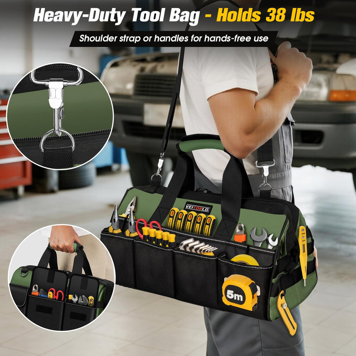 Heavy Duty Tool Bag 16-Inch - 19 Pockets Tool Organizer, Portable Electrician Toolbox W/Soft Handle, Christmas Birthday Gift Ideas for Men Dad Husband Him Mechanic Plumber, Wide Mouth Tool Storage Box