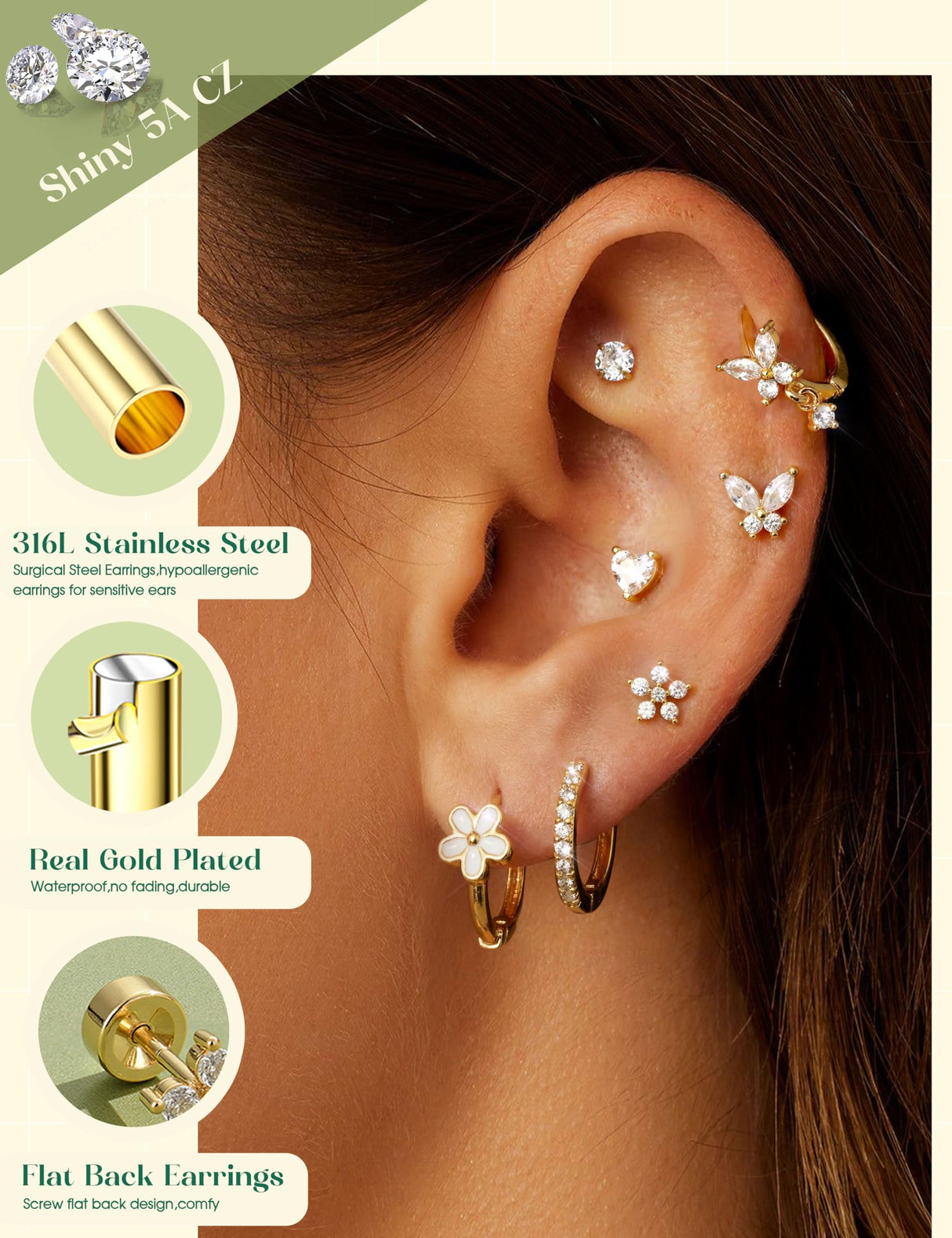 Hypoallergenic Flat Back Earrings for Women Girls Teen Kids Toddler Gold