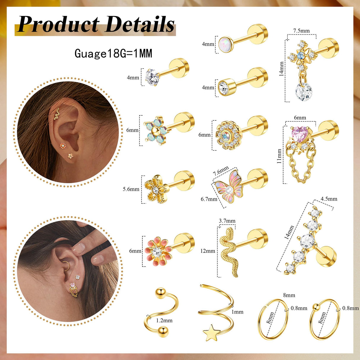 Cartilage Earring Stud for Women 14K Gold Plated Opal Flat Back Earrings