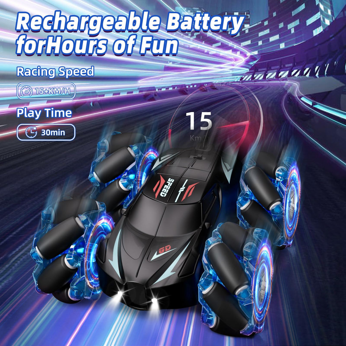 Jovow RC Stunt Car, 2.4GHz 4WD Gesture Sensing Remote Control Car with Cool Light and Music, Double-Sided 360° Flips RC Cars for Boys Age 6-12 8-12 Birthday Christmas Toy Cars(Blue)